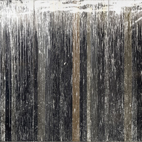 Gregor Hildebrandt, White rain falling on a stubble field, 2015, Cassette tape, adhesive tape and acrylic paint on canvas, 303 x 480 cm