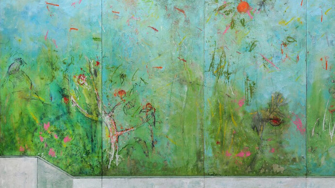 Harry Adams, 2014, Kingfisher in the impossible garden, dettaglio, oil characoal and beeswax encaustic on cotton covered boards, 152.5 x 244 cm