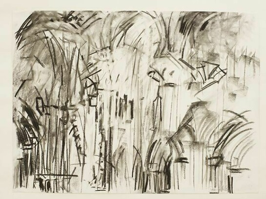 Dennis Creffield, St. Denis, Paris: Interior from East and Looking North-East, 1990, Charcoal on paper, Pallant House Gallery, Wilson Loan (2006) © Dennis Creffield