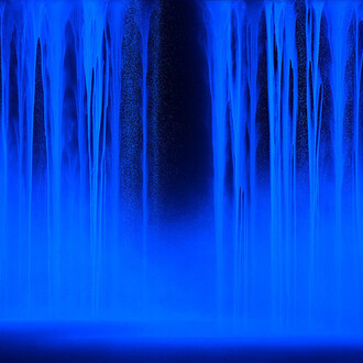 Hiroshi Senju, Waterfall (under ultraviolet light), 2014, acrylic and fluorescent pigments on Japanese mulberry paper, 71 9/16 x 89 1/2 inches © 2014 Hiroshi Senju