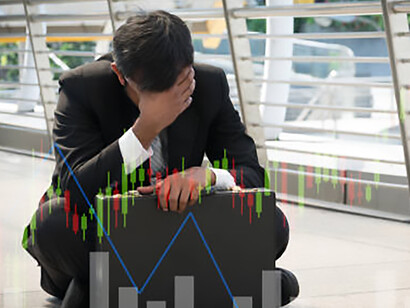 A disappointed businessman reacts to the stock market crash, symbolizing economic crisis, global financial instability, and corruption