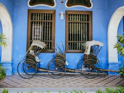 In George Town, Penang, Malaysia, a bike and plant set against a striking blue wall form a charming and colorful display