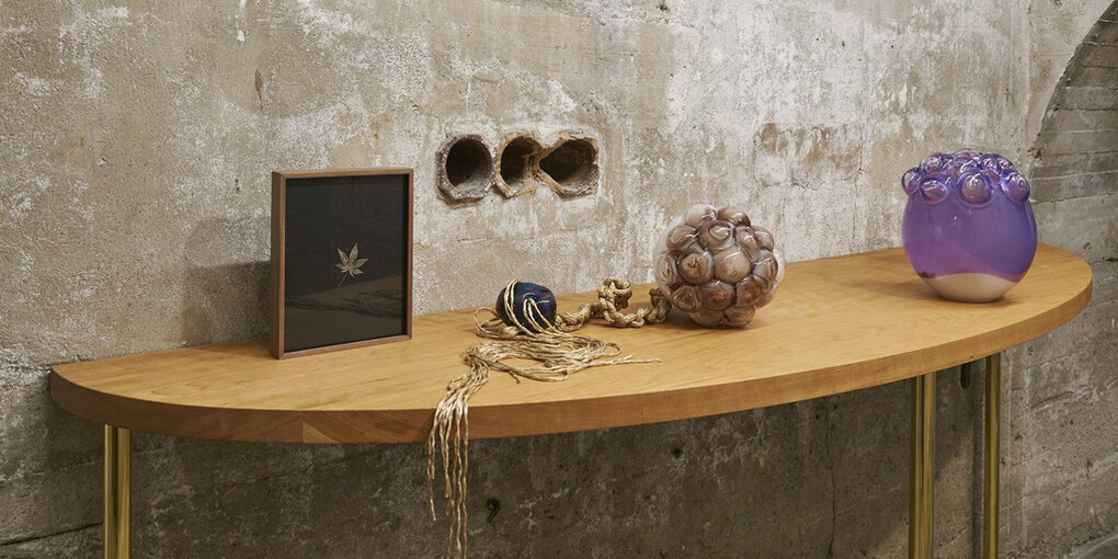 Kelly Akashi, An Archive from Two Perspectives, 2017, detail, SculptureCenter, New York 2017. Cherry wood, brass, glass, two walnut framed ortho litho film prints, bronze, rope, copper foil. Dimensions variable. Courtesy the artist and Ghebaly Gallery, Los Angeles. Photo: Kyle Knodell


