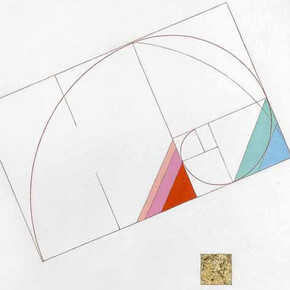 Eugenio Carmi, La bella spirale della Sezione Aurea, 2011, 100 x 100 cm, acrilici e collage su juta