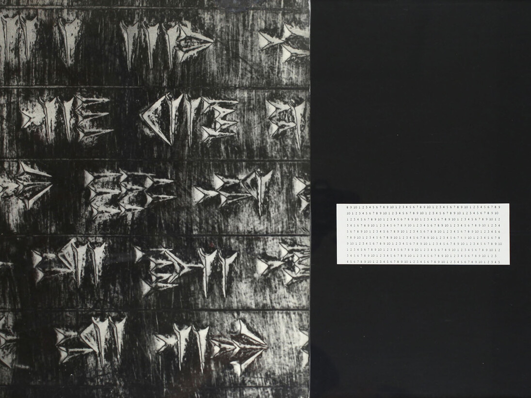 Vincenzo Agnetti, Frammento di Tavola di Dario tradotta in tutte le lingue, 1973. Fotografia e scrittura, 50 x 109 cm. Courtesy of Osart Gallery