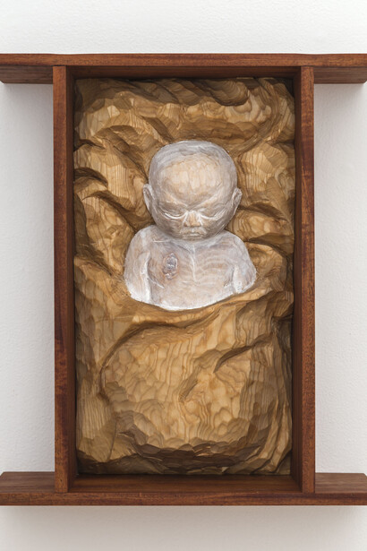 Santiago Cal, Cicada, 2014, Basswood, mahogany, paint, 19.75” x 17.25” x 7.5”