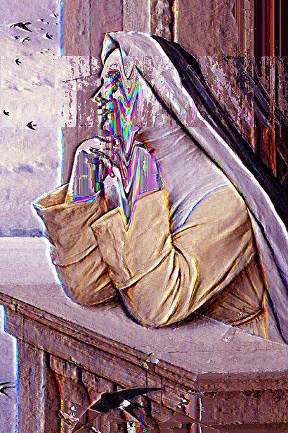 A nun depicted through image corruption using databending and Photoshop, creating a glitch art effect