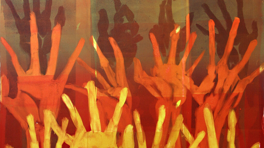 Mear One, “Desire / Need” (detail) 2004, Oil Based Ink on Arched Rives Paper, Monotype, 30″ x 44″