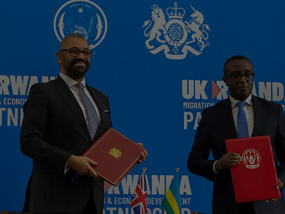 Home Secretary James Cleverly and Rwanda's Minister of Foreign Affairs and International Cooperation, Vincent Biruta, officially endorse a new treaty, advancing the UK-Rwanda Migration and Economic Development Partnership, in Kigali, Rwanda, 2023