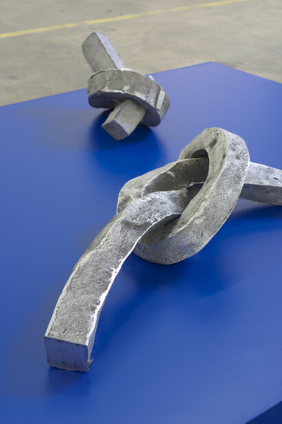 Nevine Mahmoud, Tied chunks with color box (detail), 2015, Aluminum, Laminate, Wood, 49 x 10.75 x 60”