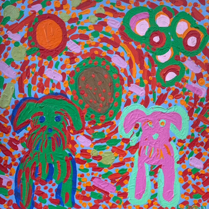 Linda Smith, Dogs (detail), 2023. Acrylic on canvas, 15 x 15 in. Courtesy of bG Gallery