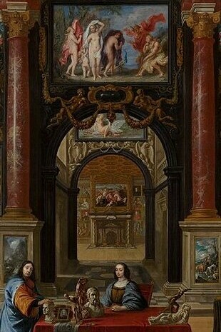 "Interior con figuras en una galería de pinturas", óleo sobre lienzo, Gonzales Coques y Dirck van Delen, 1667-1672