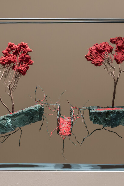 Houda Terjuman 
Bridges Not Fences 
Sculpture
Photo credit: Casa Arabe/Laura M 
Houda Terjuman builds miniature worlds that incorporate natural elements to weave stories of migratory experiences – both her own and those of other people. 
