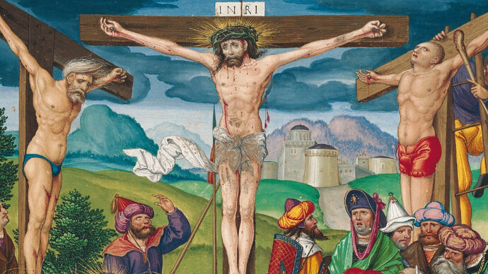 Imagen de la crucifixión de Jesús, pintada por Matthias Gerung, de la Biblia de Ottheinrich de 1530