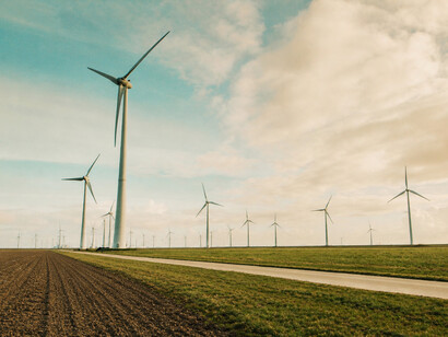 Wind turbines generating renewable energy in a scenic rural landscape, Uithuizermeeden, Groningen, Netherlands