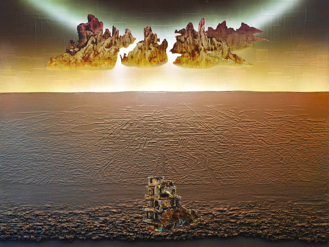 Gordon Cheung, Forbidden City, 2015, Signed, titled, dated verso, Financial newspaper, acrylic, pumice and sand on canvas and sail cloth, 150 x 200 cm, courtesy Edel Assanti, copyright Gordon Cheung
