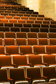 An atrium with empty seats; the author sees one filled with empty people 
