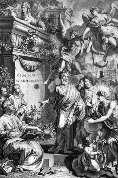 Aguafuerte que muestra una escena alegórica en la que Homero está de pie en el centro mientras recita. Apolo, el dios de la poesía, escucha a la derecha 