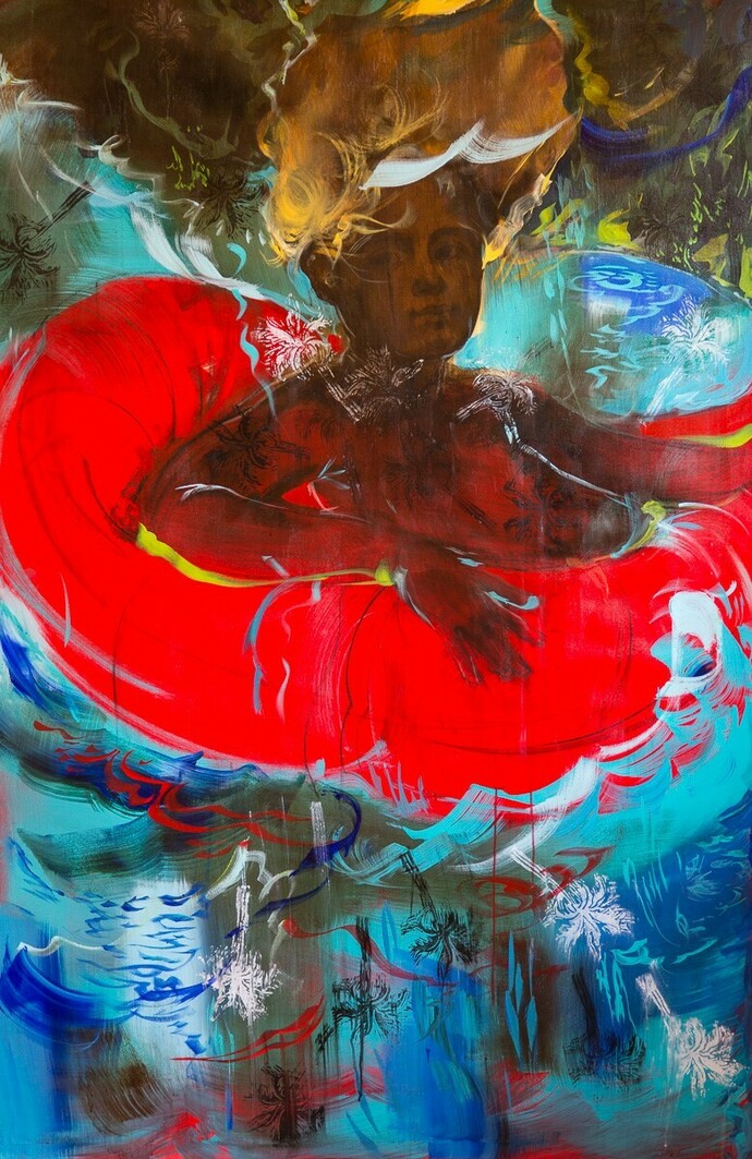 Scherezade García, "Las Terrenas I," 2015 (detail). 72" x 48". Acrylic, pigments, charcoal, collage and ink on canvas
