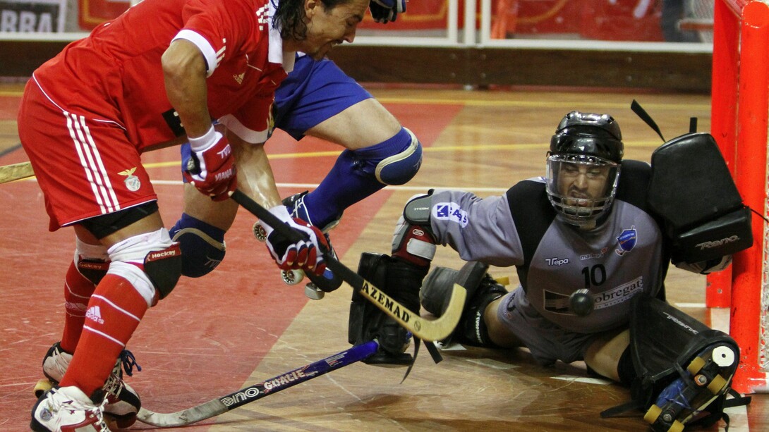 Hóquei em Patins. Mão a mão frente do gol