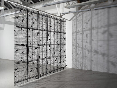 Mark Francis, The Evidence Of Absence, 2014; Painted wire mesh, electrical cable, aluminium wire, nylon cable, wooden balls, glass beads, 297 x 368 x 12 cm / 116.9 x 144.9 x 4.7 in