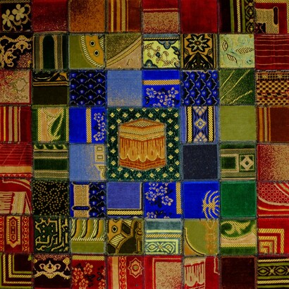 Mounir Fatmi, Around the square 16, 2016, Collages of prayer rugs on canvas,80 x 80 cm. Courtesy of Piero Atchugarry Gallery and the Artist
