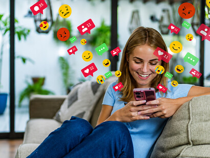 Using her mobile phone at home, a teenage girl navigates social media platforms in a digital montage filled with notifications, likes, and virtual interactions