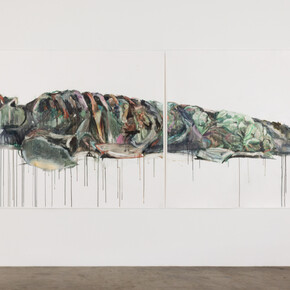 Molly Segal, I Am Still Right Here, 2023, watercolor, gouache, and salt on paper, 152.4x500.4 cm. Courtesy the artist and Track 16 Gallery