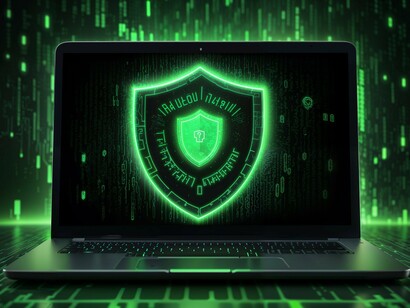 A laptop displaying a glowing digital security shield, representing protection against outbound email threats