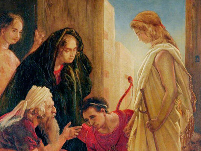 Dante Gabriel Rossetti, Tobías en la casa de su padre y madre.Tobías cura la ceguera de su padre Tobit frotándole los ojos con hiel de pescado