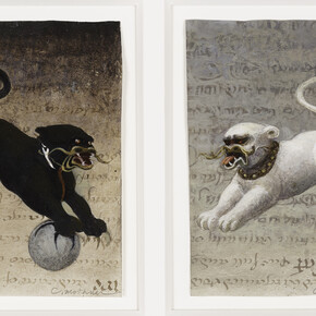 Carol Mothner, Dragon Dog I & Dragon Dog VII (diptych), 2012, Mixed media on paper, 4.5 x 7.5 in. Courtesy of LewAllen Galleries