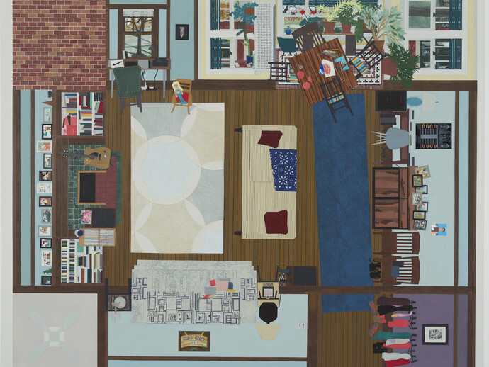 Ann Toebbe, Second Marriage, East View Park, 2015, gouache and cut paper on panel, 38 by 45 inches