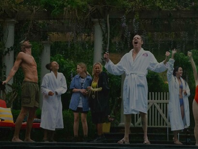 The cast  from the horror/comedy Bodies, Bodies, Bodies (2022) in a fun scene which was released in August
