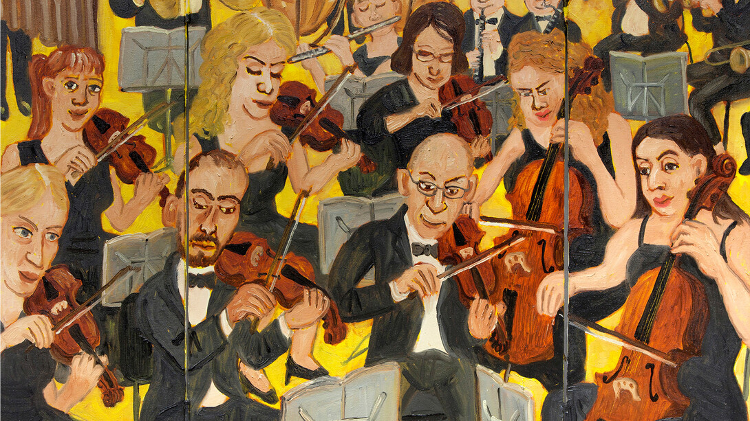 Jiro Osuga, Orchestra, 2014, Oil on canvas, closed: 30 1/8 x 19 1/8 in, open: 30 1/8 x 37 1/2 in, Image courtesy of Flowers Gallery, London and New York