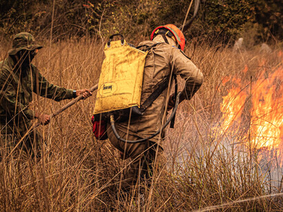 Bomberos brasileños combate los incendios de Mato Grosso (Brasil), una de las manifestaciones del cambio climático global