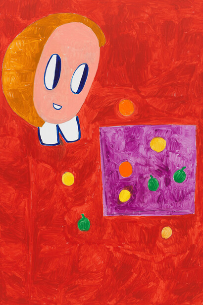 André Butzer, Frau am tisch mit früchten (4), 2024–2025. Mit freundlicher genehmigung der Galerie Max Hetzler
