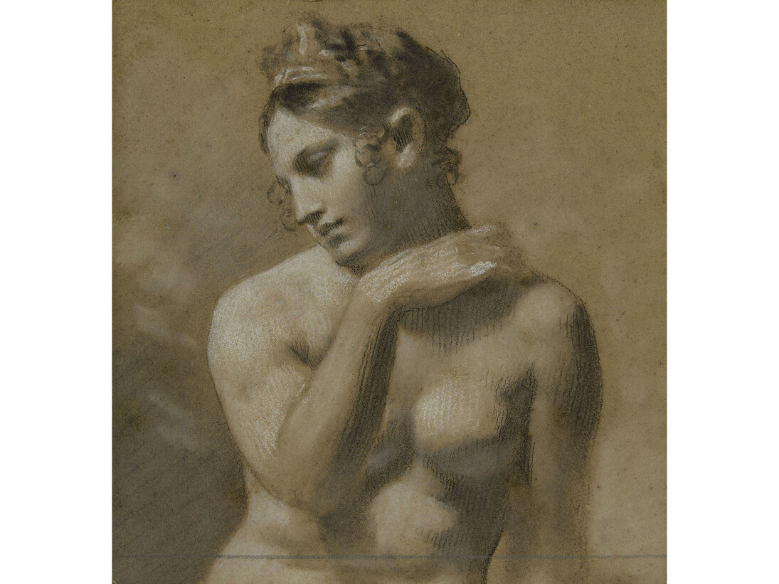 Pierre-Paul Prud’hon, Female Nude, black and white chalk on blue paper, © cliché Bernardot- Musée Baron Martin-France