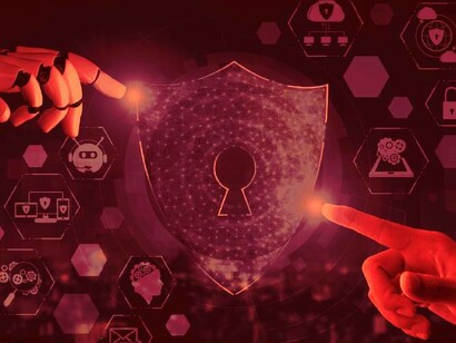 An AI and a human finger going toward a keyhole illustrate cybersecurity