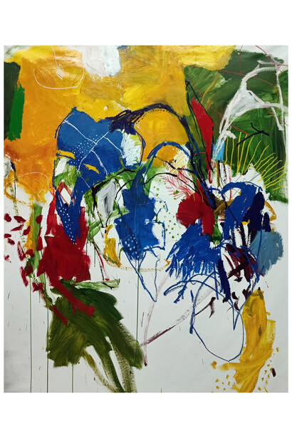 Luis Olaso, Composition for a blue banana tree, 2023, oil, acrylic, oil bar and oil pastel on canvas, 200x160 cm. Courtesy the artist and JD Malat Gallery
