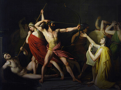 «Ulises y Telémaco masacran a los pretendientes de Penélope» (1812), Thomas Degeorge