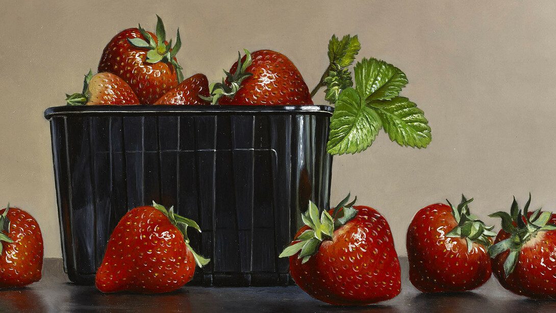 Johan De Fre, Strawberries, oil on panel, 8 x 12 ins (20 x 30 cms)