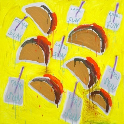 Katherine Bernhardt, Tacos and Capri Sun, 2013, Flasche, acrylic, and spray paint on canvas, 78 x 75 in