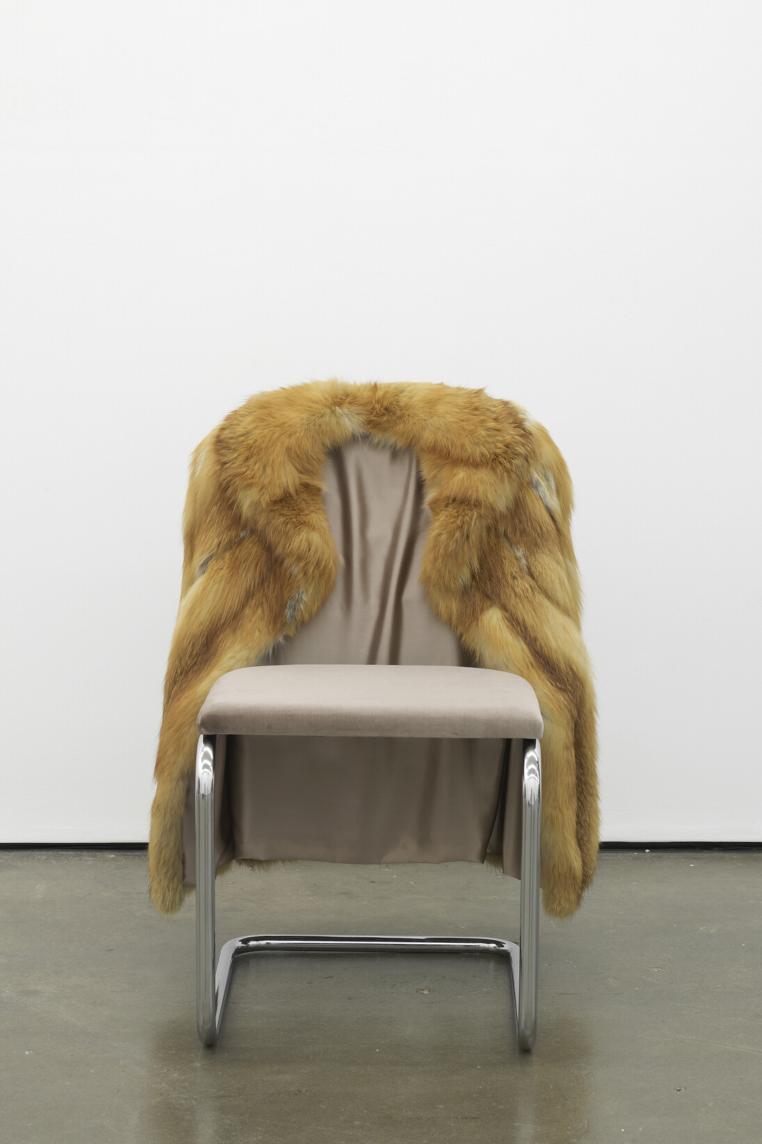 Nicole Wermers, Untitled Chair - FXR-1, 2015, Vintage fur, steel tubing, upholstery, silk and velvet, 85 x 65 x 60 cm / 33.4 x 25.5 x 23.6 in