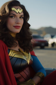 Portrait of woman wearing cool superhero suit