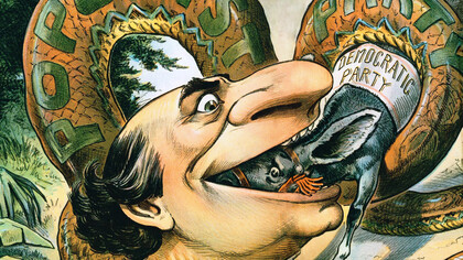 La caricatura del juez de 1896 muestra a William Jennings Bryan. Populismo como una serpiente que se traga a la mula que representa al partido Demócrata