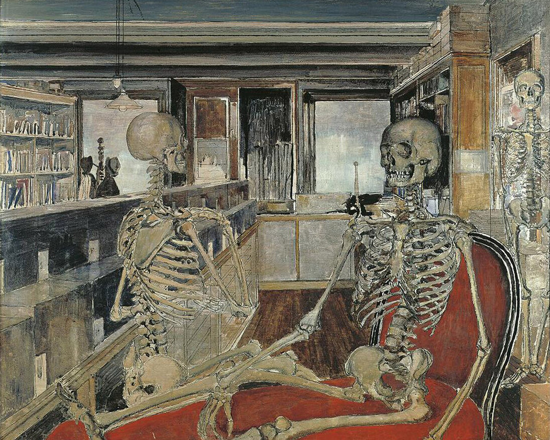 Paul Delvaux, The skeletons (1944), oil and Indian ink on panel © Fondation Paul Delvaux, Sint-Idesbald/Belgium, c/o Pictoright Amsterdam 2017