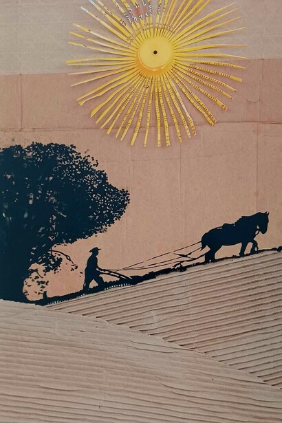 Colin Self (born 1941), The Ploughman, 16 June 2006, Collage and household paint on cardboard, 640 x 490 mm. Private collection © Colin Self. All rights reserved DACS 2025. The image of the Ploughman was found and rescued by Self printed on a vegetable box discarded from the local market; the romanticism of the image contrasts with the waste and highlights the often antagonistic relationship between romanticism as marketing and the harsh economics of agriculture