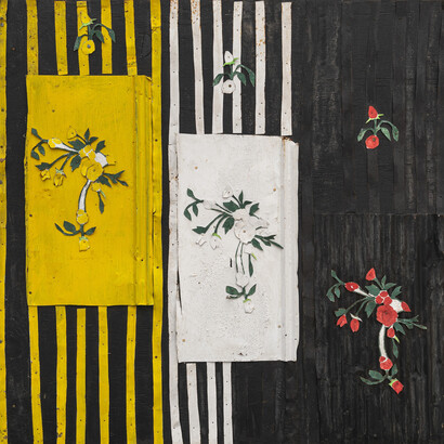 Ronald Lockett, England's Rose, 1997, enamel on metal, wood panel. Courtesy of Cary Whittier and MARCH