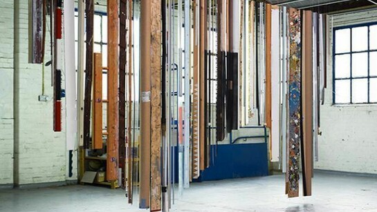 Shane Bradford,Large Chime, 2.2m (variable) x 4.45m, Mixed media (inc. steel, wood, copper, resin, fluorescent lighting strip, spray paint), 2013-14