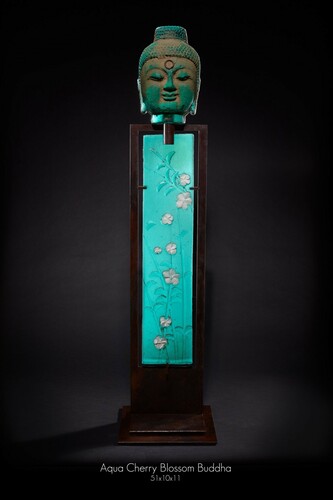 Marlene Rose, Aqua cherry blossom Buddha, 2022, sand cast glass & steel, 51x10x11 inches